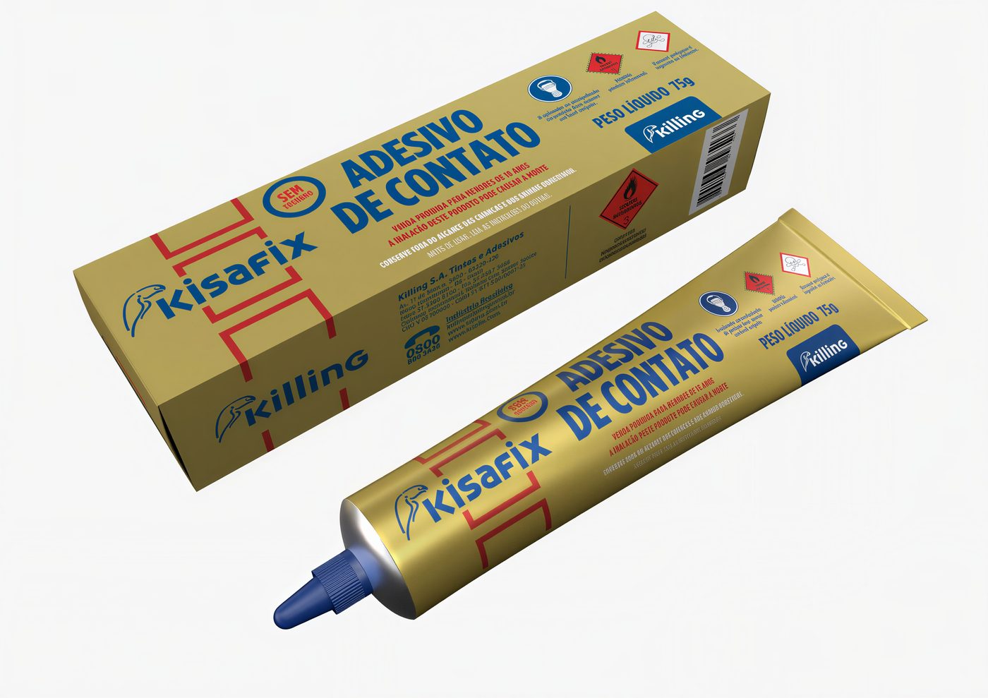Bisnaga e caixa do adesivo de contato Kisafix, da Killing.