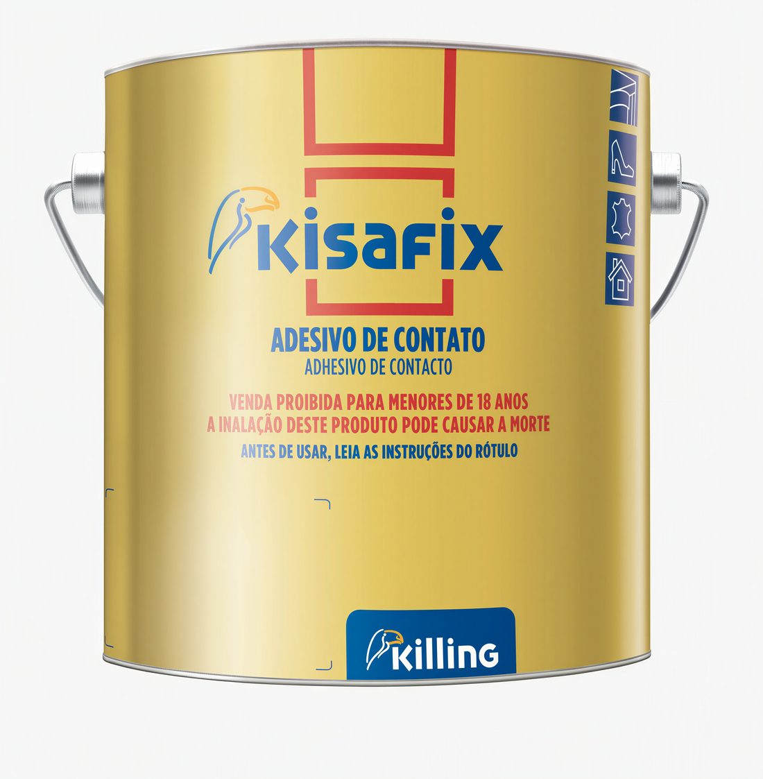Lata redonda de adesivo de contato Kisafix com alça metálica.